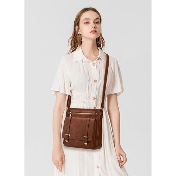 Women's Vegan Leather Crossbody Brown - Chic, Multi-Pocket, Versatile & Stylish - Picture 4 of 7